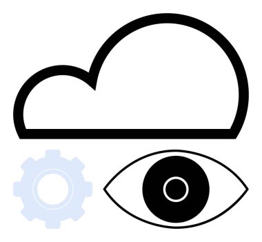 Teçhizat ve göz sembolünün üzerinde siyah bulut çizgisi var. Teknoloji, veri analizi, yapay zeka, siber güvenlik, yenilik, bulut depolama sade iniş sayfası için ideal. Çizgi benzetmesi. Basit satır simgeleri