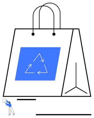 Büyük alışveriş torbalarında sürdürülebilirliği vurgulayan geri dönüşüm okları gösteriliyor. Küçük figür aşağıda etkileşime girer. Sürdürülebilirlik, geri dönüşüm, eko-yaşam, perakende, yeşil ticaret, çevre