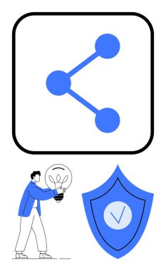 Bir karenin içindeki ağ düğümü, işaretli kalkan ve ampul tutan kişi. Teknoloji, paylaşım, yenilik, güvenlik, dijital çözümler için ideal, basit iniş sayfası