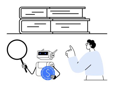 Kitap yığını, büyüteç ve bozuk parası olan insansı robot, robota el sallayan insan. Eğitim, teknoloji, finans, işbirliği, yapay zeka araştırma veri analizi için ideal. Düz