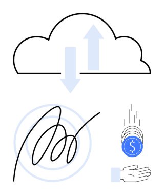 Yukarı aşağı oklu bulut, dijital imza çemberi, bozuk para dağıtma, bulut depolama, güvenlik, sözleşme, teknoloji, para transferi iş akışı otomasyonu. Fintech işi için ideal