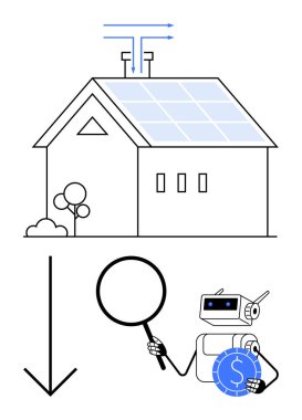 Güneş panelleri ve akıllı sistemleri olan ev büyüteç ve sikke tutan yapay zeka robotları tarafından izleniyor. Yenilenebilir enerji, yeşil teknoloji, ev otomasyonu, enerji verimliliği, maliyet düşüşü için ideal