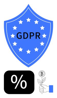 Mavi GDPR kalkanı yıldızlarla, yüzde ikonuyla ve bitcoin ile el ele tutuşan bitkilerle çevrili. Siber güvenlik, gizlilik, finans, engelleme zinciri, yasal uyum dijital büyüme veri güvenliği için idealdir. Düz