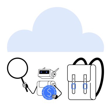 Robot, bulut ve sırt çantasının önünde büyüteç ve bozuk para tutuyor. Teknoloji, keşif, finans, eğitim, yenilik, yapay zeka, bulut depolama için ideal. Düz basit metafor