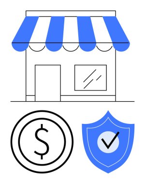 Çizgili güneşlikli vitrin, dolar işareti bozuk para ve işaretli kalkan. Çevrimiçi ticaret, iş güvenliği, perakende büyümesi, girişimcilik, finans ve basit bir iniş sayfası için ideal