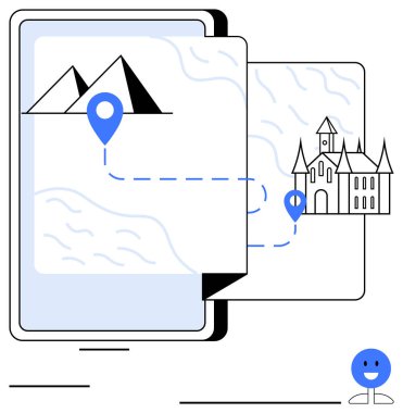 Piramitlerden şatoya giden yol haritasını gösteren tablet ekran, konum pimleriyle işaretlenmiş. Seyahat, navigasyon, sınır işaretleri, keşif, turizm, tatil planlama, kullanıcı için ideal