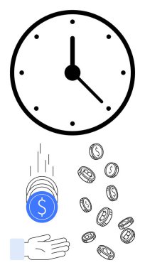 Zamanı gösteren saat, bozuk paralar uzanmış bir ele, etrafa saçılmış paralar. Zaman yönetimi, finans, tasarruflar, yatırımlar, üretkenlik, verimlilik için ideal basit iniş sayfası