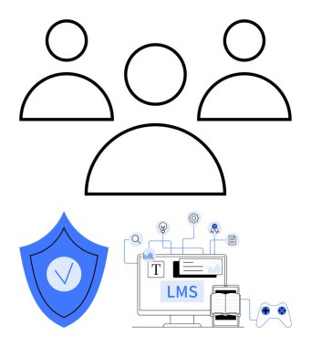 Biçimlendirilmiş kullanıcı profilleri, bir güvenlik kalkanı ve bir LMS arayüzüne bağlı bir oyun denetleyici. Eğitim, takım çalışması, güvenlik, e-öğrenme, gamifikasyon, teknoloji sade iniş sayfası için ideal