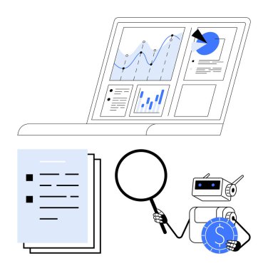 Paraya yakın bir yerde büyüteç tutan robotlar dizüstü bilgisayardaki finansal çizelgeleri analiz ediyor ve yakınlardaki listeyi kontrol ediyor. Finans için ideal, araştırmada yapay zeka, otomasyon, veri analizi, iş dünyası, yenilik