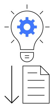 Yeniliği simgeleyen teçhizatlı ampul, eylemi simgeleyen ok ve planı temsil eden belge. Yaratıcılık, üretkenlik, yenilik, strateji, fikir geliştirme ekip çalışması için idealdir. Düz