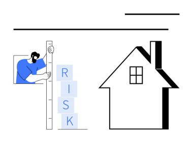 RİSK etiketli blokları bir evin yakınında ölçen kişi. Gayrimenkul, risk yönetimi, ev güvenliği, emlak sigortası, yatırım analizi, stratejik planlama, basit iniş sayfası için ideal