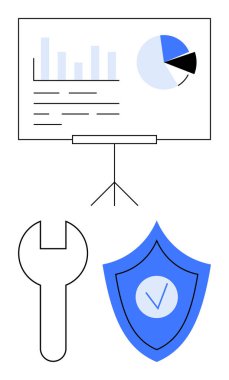 Çizelgeli analitik pano, işaretli bir kalkan ve İngiliz anahtarı. Veri analizi, siber güvenlik, teknoloji araçları, sistem güncellemeleri, bakım, takım çalışması basit iniş sayfası için ideal