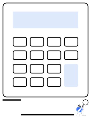 Kare düğmeli büyük boy hesap makinesi ve büyüteçle odaklanmış birey. Finans, muhasebe, kesinlik, veri analizi, problem çözme, organizasyon ve eğitim için ideal. Düz basit