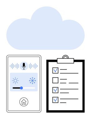 Mikrofonlu akıllı ev kontrol paneli, sürgülü sürgülü, görev listeli ve mavi bulutlu. Teknoloji, otomasyon, IoT, üretkenlik, veri yönetimi yeniliği için ideal basit bir iniş sayfası