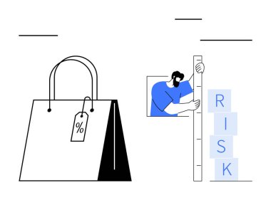 Yığılmış blokları ölçen kişinin yanında yüzde indirim etiketi olan bir alışveriş torbası. Perakende analizi, iş stratejisi, risk yönetimi, satış optimizasyonu, piyasa araştırması için ideal