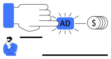 El tıklama düğmesi para sikkeleri ile temsil edilen geliri tetikliyor. Düşünceli kişi ikonu stratejik pazarlamayı öneriyor. Reklam, gelir, iş, markalaşma, tanıtım, e-ticaret için ideal