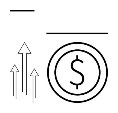 Çemberin içindeki dolar işareti büyümeyi ve ilerlemeyi temsil eden yukarı doğru oklarla eşleştirilmiş parayı simgeler. Finans, işletme, yatırım, girişim, strateji, ekonomi ve basit iniş sayfası için ideal
