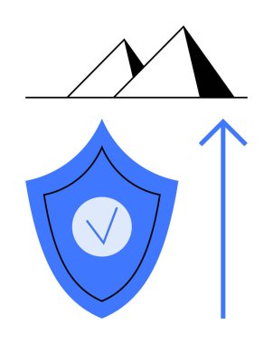 Güvenliği temsil eden işaretli kalkanlar yukarı doğru yükselen bir okun altına yerleştirilmiş ve istikrar için piramitlerin yanında büyümeyi sembolize ediyor. Güvenlik, ilerleme, sigorta, iş büyümesi ve istikrar için ideal