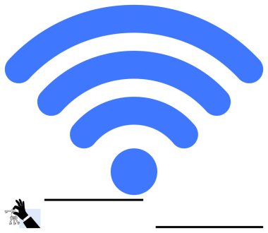 Bir el hareketinin üzerindeki büyük mavi kablosuz ikon kontrolü sembolize ediyor, sinyal gücünü veya bağlantı yönetimini işaret ediyor. İnternet, teknoloji, erişilebilirlik, kablosuz sinyal için ideal