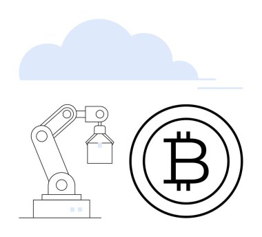 Bulutların altında Bitcoin sembolü yakınındaki robot kol hareketi otomasyon, kripto para birimi ve dijital yenilik öneriyor. Engelleme zinciri, fintech, bulut hesaplama, otomasyon, gelecekteki teknoloji için ideal
