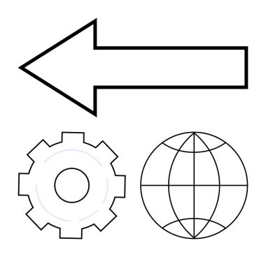 Kalın ok dişli dişli dişli dişli ve küresel ana hatlarını gösteriyor. Takım çalışması, navigasyon, yenilik, teknoloji, büyüme, küresel iletişim, basit iniş sayfası için ideal