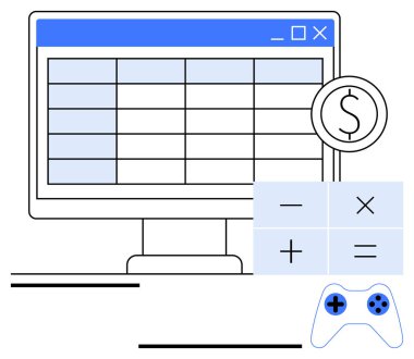 Hesap tablosu ve dolar simgesi olan bilgisayar ekranı, hesap makinesi tuş takımı, oyun denetleyici. Teknoloji, finans, oyun, bütçe, eğitim, dijital yenilik için ideal basit bir iniş sayfası
