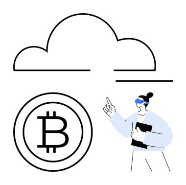 Bulut çizgisi, Bitcoin amblemi, tablet ve VR bardakları yukarı bakan kişi. Kripto para birimi, bulut hesaplama, finans, engelleme zinciri, dijital teknoloji yenilikleri modern trendler için idealdir. Düz