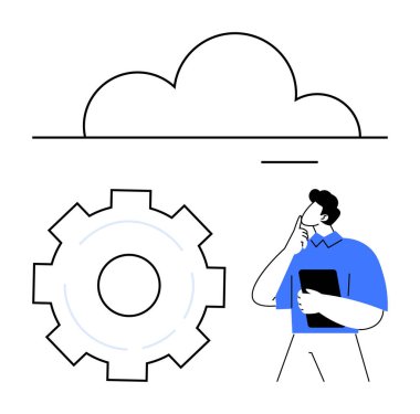 Bir tablet tutan profesyonel bir erkek, vites ve bulut elementlerinin yanında kafa yoruyor. Bulut hesaplama, teknoloji, yenilik, problem çözme, veri yönetimi, analiz, basit iniş sayfası için ideal