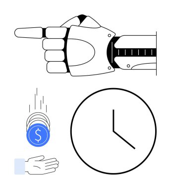 Robotik el öne doğru hareket ediyor, saati simgeliyor, ve bozuk paralar açık avuç içine düşüyor. Otomasyon, yenilik, verimlilik, teknoloji, zaman yönetimi, fütürist kavramlar için idealdir.