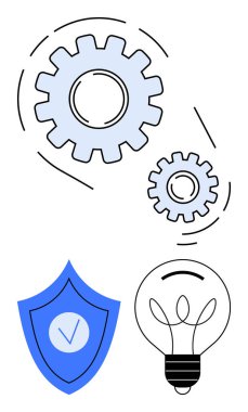 Vitesler işlevselliği gösteriyor, kalkanlar güvenliği kontrol ediyor ve ampuller yaratıcılığı gösteriyor. Yenilik, teknoloji, güvenlik, problem çözme, kavramlar, mühendislik sade iniş için ideal