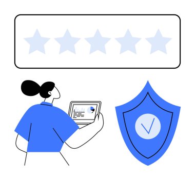 Tabletteki verileri inceleyen bir kadın beş yıldızlı bir derecelendirme çubuğu ve bir güvenlik kalkanıyla birlikte. Kalite güvencesi, kullanıcı geribildirimi, veri güvenliği, ürün değerlendirmeleri, çevrimiçi güven, müşteri memnuniyeti için ideal