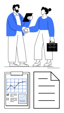 Meslektaşlar el sıkışır, pano ve evrak çantası tutarlar, rapor ve belge görselleri ile. İşbirliği, anlaşma, ortaklık, iletişim, profesyonellik, takım çalışması için ideal