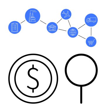 Bağlı lojistik simgeleri arasında fabrika, ulaşım, depo, dünya ve el arabası yer alıyor. Büyütülmüş dolar işareti finansı vurguluyor. İş, tedarik zinciri, lojistik finans veri akışı için ideal küresel