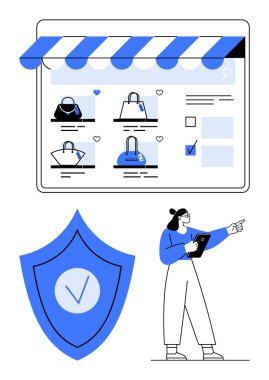 Çevrimiçi alışveriş arayüzü vitrin çantaları, işaretli kalkan güvenliği simgeliyor, tabletteki müşteri inceleme ürünleri. Çevrimiçi alışveriş, siber güvenlik, ürün değerlendirmesi, e-ticaret için ideal