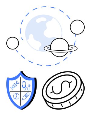 Gezegenlerle, yörünge çizgileriyle, sembollü sağlık kalkanıyla ve bozuk para grafiğiyle çevrili bir dünya. Küresel finans, sağlık, yenilik, bilim, keşif, güvenlik sade iniş sayfası için ideal