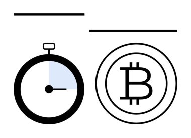Kronometre saati Bitcoin sembolünün yanındaki zamanı gösteriyor. Hız, verimlilik ve dijital para birimini gösteriyor. Fintech, engelleme zinciri, kripto para birimi, zaman yönetimi, yatırım, finans için ideal