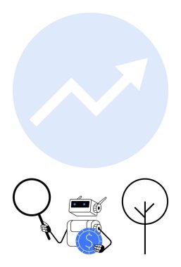 Robot yukarı doğru grafiğin altında büyüteç ve para tutuyor. Büyüme, finans, teknoloji, çevre, yatırım, sürdürülebilirlik, yenilik. Finans için ideal yapay zeka ilerleme ekonomisi