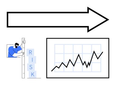 Profesyonel risk bloklarının değerlendirilmesi, büyümeyi sembolize eden büyük ok, yükselen eğilimlerle çizelge. Başarı, planlama, büyüme, strateji, iş tahminleri, risk yönetimi basit iniş sayfası