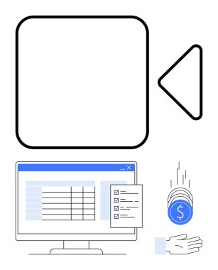Bilgisayar ekranında görev kontrol listesi, tablo, el alıcısı bozuk paralar, video ögesi görülüyor. Uzaktan çalışma, dijital ödeme, proje yönetimi, üretkenlik, e-ticaret, basit iniş için ideal