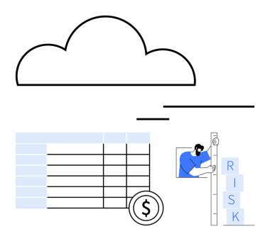 Üzerinde para birimi sembolü ve risk bloklarını yöneten kişi olan veri tablosu. Finans, veri güvenliği, risk analizi, bulut hizmetleri, veri yönetimi, iş stratejisi, basit iniş sayfası için ideal
