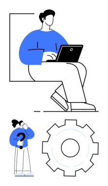 Dikkatlice çalışan bir dizüstü bilgisayarla oturan, büyük dişli, süreci temsil eden, ve üzerinde kafa yoran bir figür. Yaratıcılık, üretkenlik, strateji, problem çözme, takım çalışması için ideal