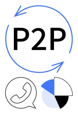 Veri akışını sembolize eden oklarla çevrili büyük P2P metni, siyah ve mavi renkli bir çağrı simgesi ve pasta grafiği eşliğinde. İletişim, takım çalışması, paylaşım, teknoloji, ağ oluşturma, strateji için ideal