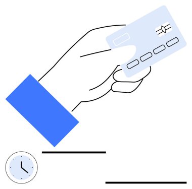 Ödeme için saat simgesini, zamanlamayı ve finansal kavramları gösteren kredi kartı sunumu. Ödemeler, bankacılık, alışveriş, finans, e-ticaret, işlemler, basit