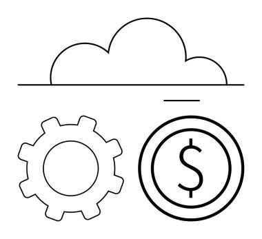 Gear, dolar parası ve bulut grafiği bulut bilişim, teknoloji, maliyet verimliliği, veri yönetimi, finansal entegrasyon, yenilik ve ölçeklenebilirliği temsil eder. İş teknolojisi için ideal ve basit