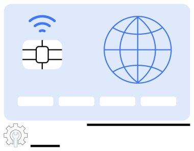 Akıllı çipli ödeme kartı, kablosuz sinyal ve küresel işlemleri, güvenli ödemeleri ve dijital ağı sembolize eden küresel simge. Teknoloji, fintech, e-ticaret, siber güvenlik için ideal.