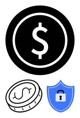 Siyah dolar madeni para, dolar işareti ile özetlenmiş para, ve kilit para, mali güvenlik, güvenlik, yatırım, koruma, çevrimiçi ödemeler, e-ticaret sade iniş sayfasını sembolize eden mavi kalkan