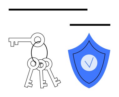 Üzerinde işaret olan mavi bir kalkanın yanında üç maymuncuk anahtarı olan bir anahtarlık. Veri koruması, siber güvenlik, gizlilik, güvenli erişim, doğrulama, güvenli depolama, basit iniş sayfası için ideal