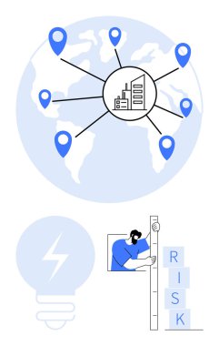 Merkezi bir merkeze, ampul ikonuna ve RISK 'i analiz eden bir kişiye bağlı olan dünya haritası. Küresel planlama, strateji, karar verme, yenilik, problem çözme, risk için ideal