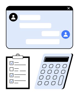 İleti içeren sohbet penceresi, işaretli görevleri olan panodaki kontrol listesi ve takım çalışmasını sembolize eden hesap makinesi, üretkenlik, planlama, iletişim, görev yönetimi, karar verme, basit iniş sayfası