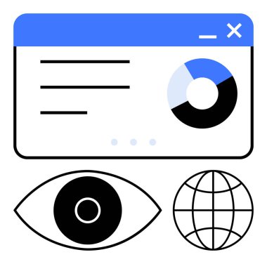 Analitik tabloya, küresel ağ simgesine ve göz sembolüne sahip tarayıcı penceresi. Analiz, veri izleme, küresel iş, SEO, görselleştirme, piyasa araştırması için ideal